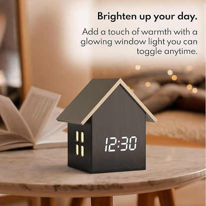 Driini Digital House Shaped Alarm Clock with Temperature Display (Dark Wood) – Modern Aesthetic with Cute Cube Frame and White LED Dimmer - Perfect Small Desk Clock for Bedside Table or Bedroom Mantle