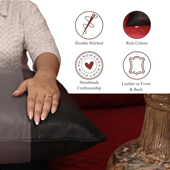 Lambskin Leather Pillow Cover - Sofa Cushion Case - Decorative Throw Covers for Living Room & Bedroom, 14x14 Inches - Black and Grey Plain Pack of 2