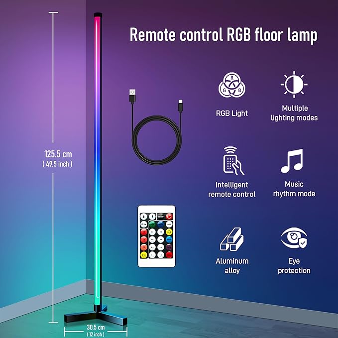 RGB LED Floor Lamp Minimalist Style, 16 Million Colors, White / Colored Lights Dimmable, with Remote Control, Music Sync, Modern Farmhouse Decor Led Lights for Bedroom, Living Room, Gaming Room