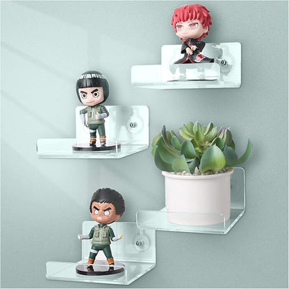 Floating Acrylic Shelves, 4x4 Inch Clear Wall Shelves, Small Plant Display Stand (No Drill Shelf, 4 Pack)