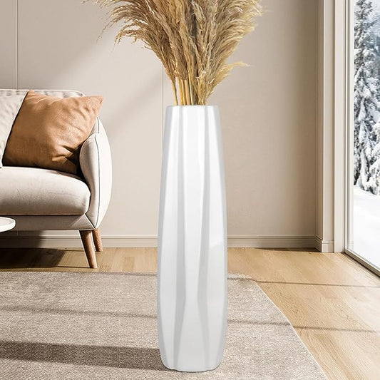 White Ceramic Floor Vase 28" – Origami Farmhouse Porcelain Tall Vase for Living Room & Office
