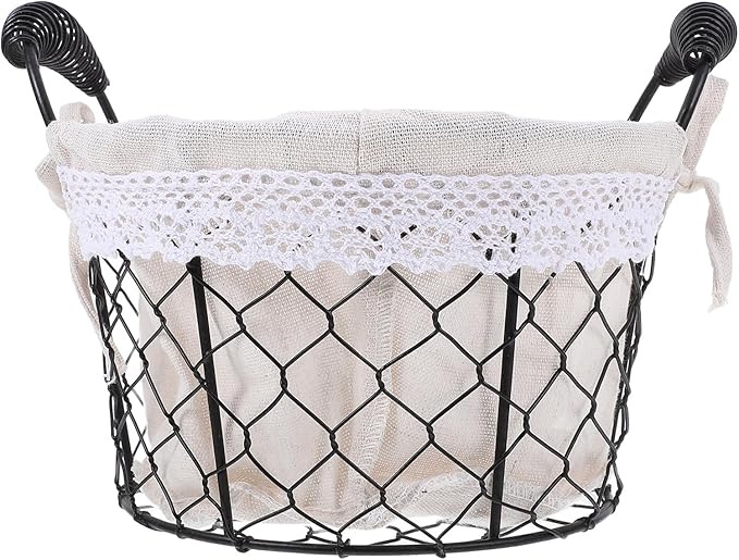 Wire Basket with Handle and Fabric Liner, round Metal Storage Basket for Fresh Eggs and Bread, Rustic Iron Wire Organizer for Kitchen and Home Use