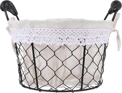 Wire Basket with Handle and Fabric Liner, round Metal Storage Basket for Fresh Eggs and Bread, Rustic Iron Wire Organizer for Kitchen and Home Use