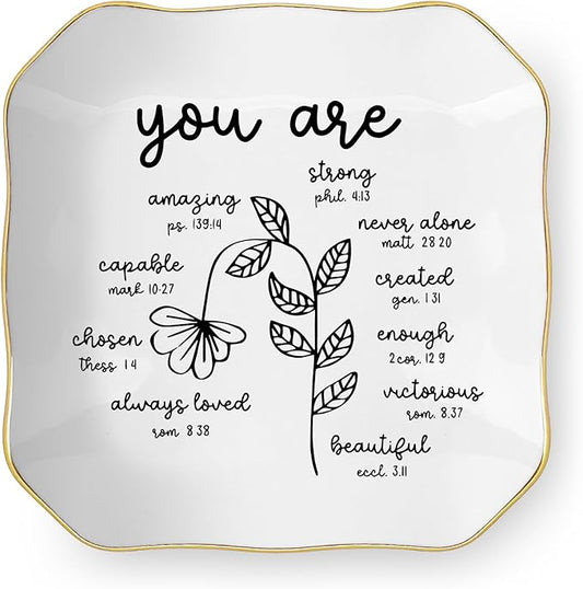 Christian Religious Bible Verse Gifts for Women, Ceramic Jewelry Dish Tray, Trinket Dish, Scripture Inspirational Motivational Gifts for Women Friend Sister Bestie