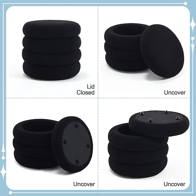 Flouki 20.1" Storage Ottoman Round, Vanity Stools for Bedroom, Entryway Ottoman for Console Table, Ottoman Stool for Girls Women, Foot Stool for Living Room Set of 2, Sherpa Black