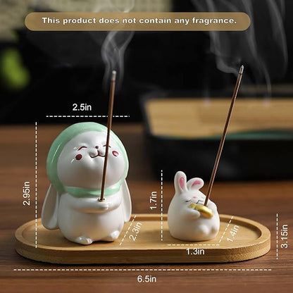3 Pcs-Incense Holder Cute Resin Rabbit Incense Stick Holder Set with Bamboo Ash Catcher Tray - Animal Incense Burner for Meditation, Yoga & Home Decor (Fits Standard Incense Sticks)