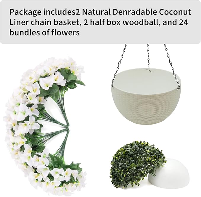 Hanging Planters with Plant Hangers for Indoor Outdoor Decor 2 Pack Artificial White Geranium 26CM Half-Round White Plastic Hanging Baskets with Durable Iron