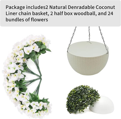 Hanging Planters with Plant Hangers for Indoor Outdoor Decor 2 Pack Artificial White Geranium 26CM Half-Round White Plastic Hanging Baskets with Durable Iron