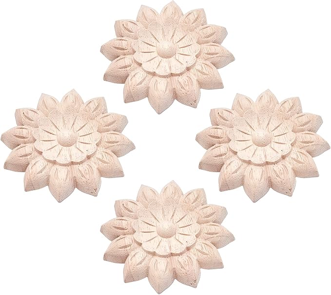 GORGECRAFT 4PCS Wooden Carved Onlay Appliques Flower Carving Decal Corner Craft Unpainted Furniture Home Decoration Wood Carving Decal for Dresser Bed Door Cabinet Wardrobe Ceiling 3.15"x3.15"