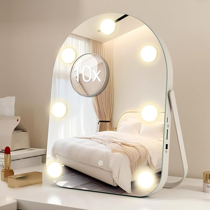 STARLEAD 11"× 14.5" Makeup Mirror with Lights and 10X Magnification, 3-Color Dimmable LED Lighting & Touch Control, 360°Rotation for Travel/Dressing Room, Arched & Bulb