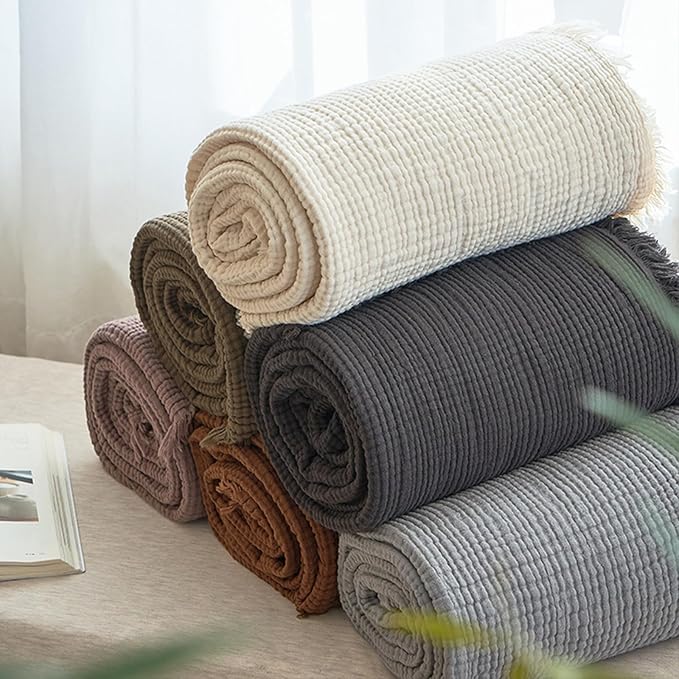 MorroMorn 100% Cotton Queen Size Bed Blanket 80"x90" Muslin Blanket with Fringes, 4-Layer Gauze Blankets for Adult, Boho Bedding Breathable Lightweight Ultra-Soft for All Seasons, Grey