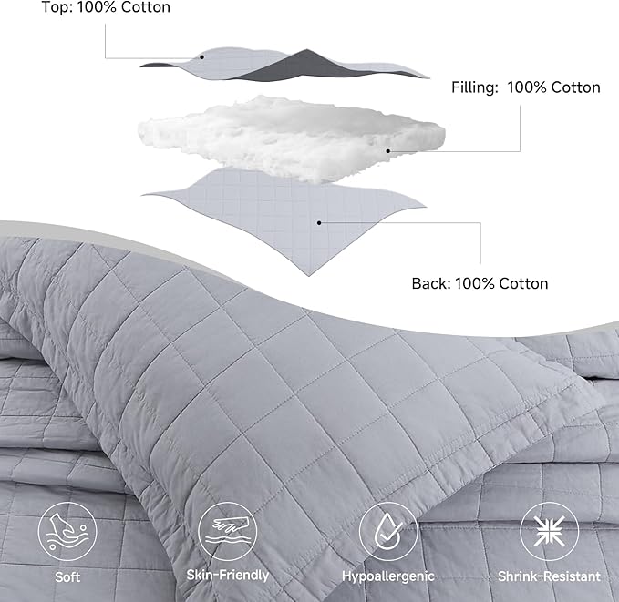 Quilt Oversized King Size Bedding Sets, 100% Cotton Lightweight Luxury Comforter Set, Oversized Extra Wide Stitching Bedspreads Coverlets with 2 Pillowcase Suitable for All Season, Grey