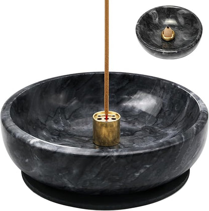 Natural Marble Incense Burner, Stick and Reflux Incense Holder, Handmade Stick Incense Burner, Ideal for Incense Smoking, Incense Burning and Decoration (Extra Large 5.91inBlack)