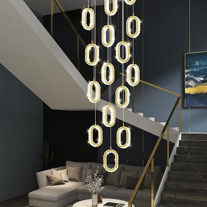 Modern Gold Ring Chandelier for High Ceiling Long Stair Chandeliers for Foyer LED Crystal Ring Drop Chandelier Dimmable 2700K-6000K 16-Light