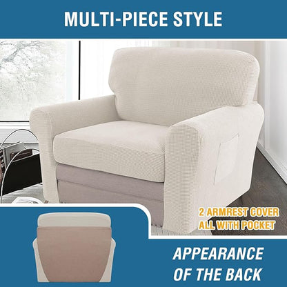H.VERSAILTEX Multi-Pieces Chair Covers Stretch Couch Covers Form Fitted Seat and Back Cushions Covers (1 Seat Cover Plus 1 Back Cusion Cover, Bonus 2 Armrest Covers), Ivory