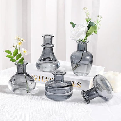 Black Gray Glass Bud Vase, 10Pcs/Set Modern Decorative Small Mini Flowers Vases, Minimalist Aesthetic Home Decor Vintage Wedding Table Centerpieces for Single Flower Rose