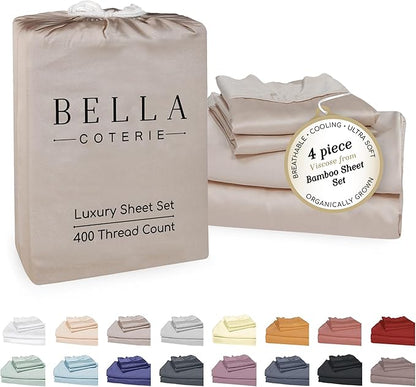 Bella Coterie Luxury Bamboo Viscose Queen Size Sheet Set | 100% Organically Grown | Ultra Soft | Cooling for Hot Sleepers | 18" Deep Pocket [Dune]