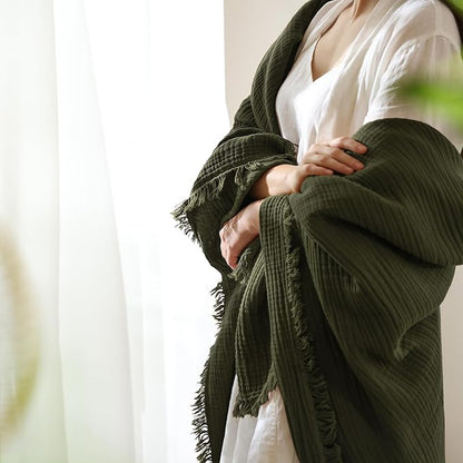 MooMee Muslin Blanket - 100% Cotton 4-Layer Gauze Throw Blanket with All-Around Fringe, Ultra-Soft Breathable Lightweight Cooling Decorative for Bed, Sofa & Couch (Olive Green,Throw 60" x 50")