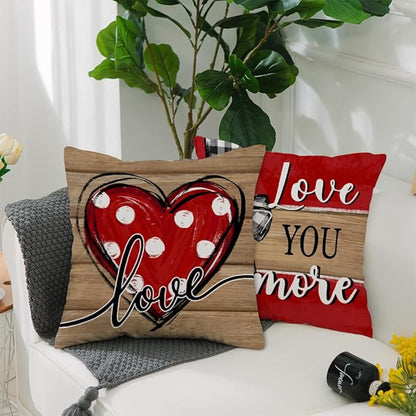GEEORY Valentine's Day Love You More Hugs and Kisses Throw Pillow Covers 20x20 Inch Set of 4, Red Hearts Stripes Decorative Farmhouse Wedding Cushion Case for Home Decoration G652-20