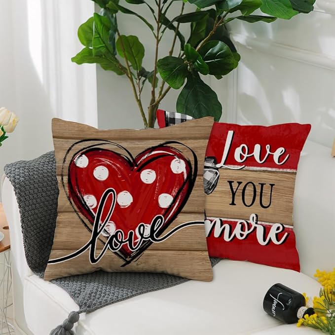 GEEORY Valentine's Day Love You More Hugs and Kisses Throw Pillow Covers 16x16 Inch Set of 4, Red Hearts Stripes Decorative Farmhouse Wedding Cushion Case for Home Decoration G652-16