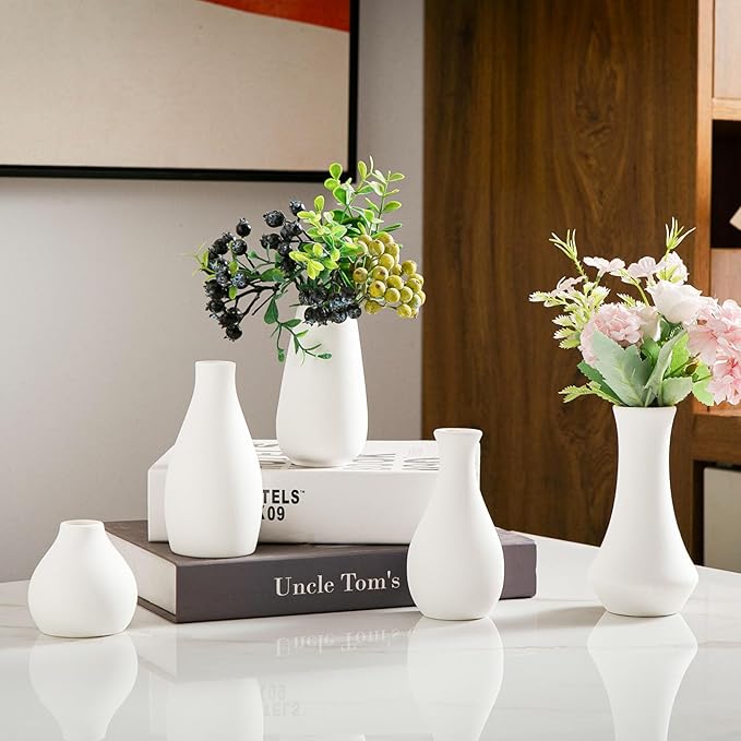 White Bud Vases, Ceramic Small Vase Set of 12, Mini Vases for Fresh and Dried Flowers, Modern Home Decor, Pottery Table Centerpiece