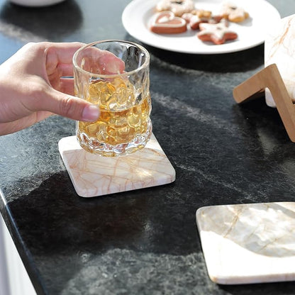 Koville Marble Coasters Set of 5, Square Coasters with Holder for Drinks, 4" Cup Coaster for Coffee Table Home Office Bar Decor, Heat Resistant Decorative Drink Coaster (White&Gold)