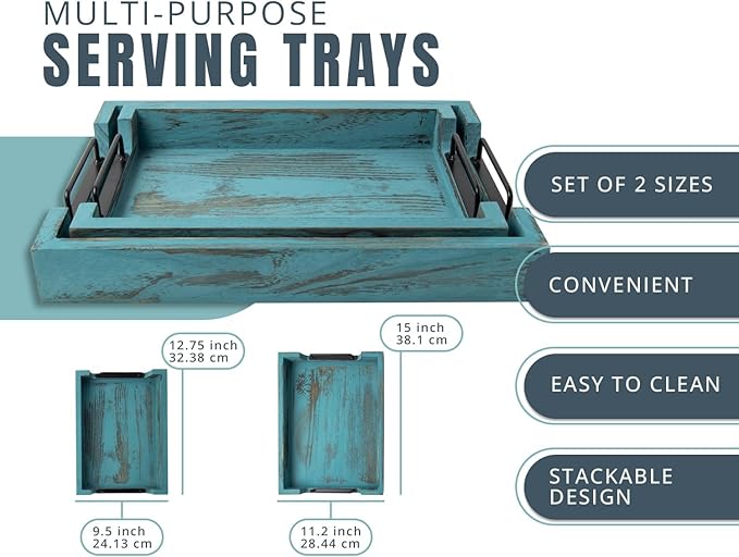 Comfify Rustic Wooden Serving Trays with Handle - Set of 2 - Large and Small Nesting Multipurpose Trays - for Breakfast, Coffee Table/Butler & More - Rustic Blue