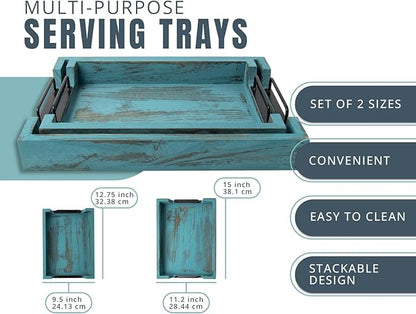 Comfify Rustic Wooden Serving Trays with Handle - Set of 2 - Large and Small Nesting Multipurpose Trays - for Breakfast, Coffee Table/Butler & More - Rustic Blue