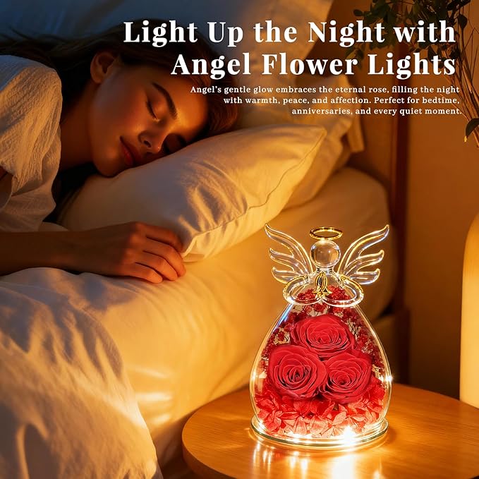 Beferr Valentines Day Rose Gifts for Her Women Mom Gifts for Birthday, Fresh Flowers for Delivery Prime Forever Preserved Rose in Glass Angel Figurine, for Grandma Wife Kids Daughter