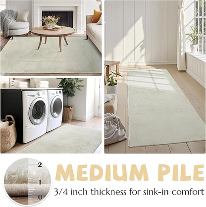 jinchan Solid Plush Runner Rug 2x5 Performance Shaggy Washable Hallway Rug Soft Modern Faux Wool Cozy Non Slip Carpet for Bedroom Laundry Room Living Room Kids Nursery Ivory