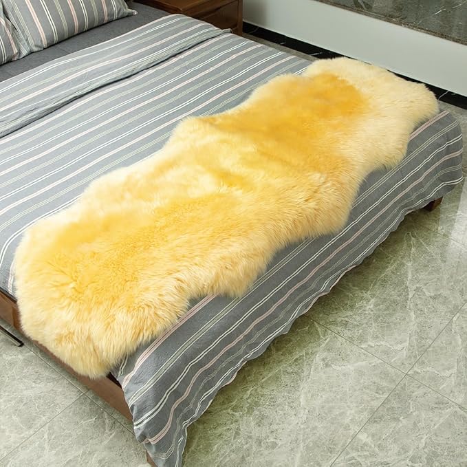 Genuine Sheepskin Rug New Zealand Luxury Lambskin Rug, Natural Fluffy Sheepskin Throw for Bedroom Living Room Children's Room - Premium Area Rug Chair Cover (Yellow, 2×6 Feet)