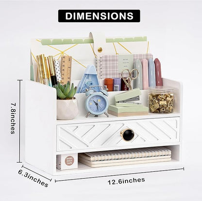 white Wood Desk Organizer and Accessories with Drawer, Bill Mail Organizer and File Mail Holder for Office Supplies, Desk Accessories & Workspace Organizers for Desk Organization