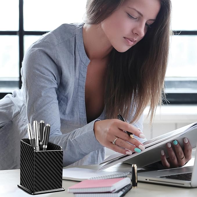Carbon Fiber Pen Holder Pencil Holder for Desk, Desktop Organizer and Black Pencil Cup for Office, School, Home,Glossy Black