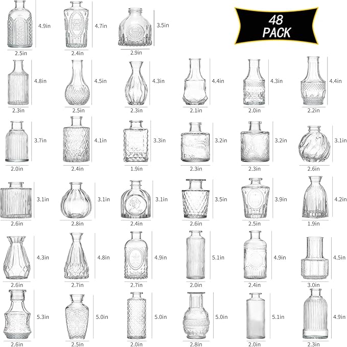 Glass Bud Vases Set of 48, Clear Small Vases for Centerpieces, Small Glass Vase for Flowers, Vintage Bud Vase in Bulk for Wedding, Party, Events, Reception, Home Decor