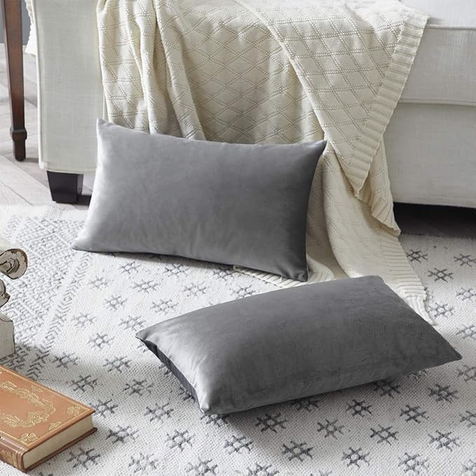 GIGIZAZA 12x20 Velvet Small Pillow Covers, Set of 2 Dark Grey Lumbar Throw Pillows Modern Covers for Living Room Decorative Luxury Solid Couch Sofa Pillow Cases