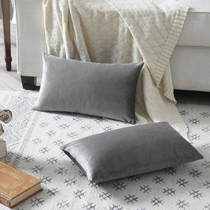 GIGIZAZA 12x20 Velvet Small Pillow Covers, Set of 2 Dark Grey Lumbar Throw Pillows Modern Covers for Living Room Decorative Luxury Solid Couch Sofa Pillow Cases
