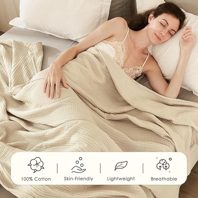 EMME Cotton Throw Blanket for Couch Soft Muslin Blankets 50"x60" Lightweight Breathable Blanket Light Tan All Season Gauze Blanket