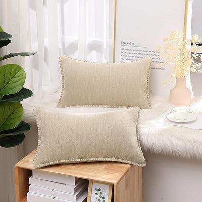 decorUhome Spring Chenille Soft Throw Pillow Covers 12x20 Set of 2, Lumbar Velvet Farmhouse Neutral Decorative Pillow Covers with Stitched Edge for Couch Sofa Bed Home Decor, Beige