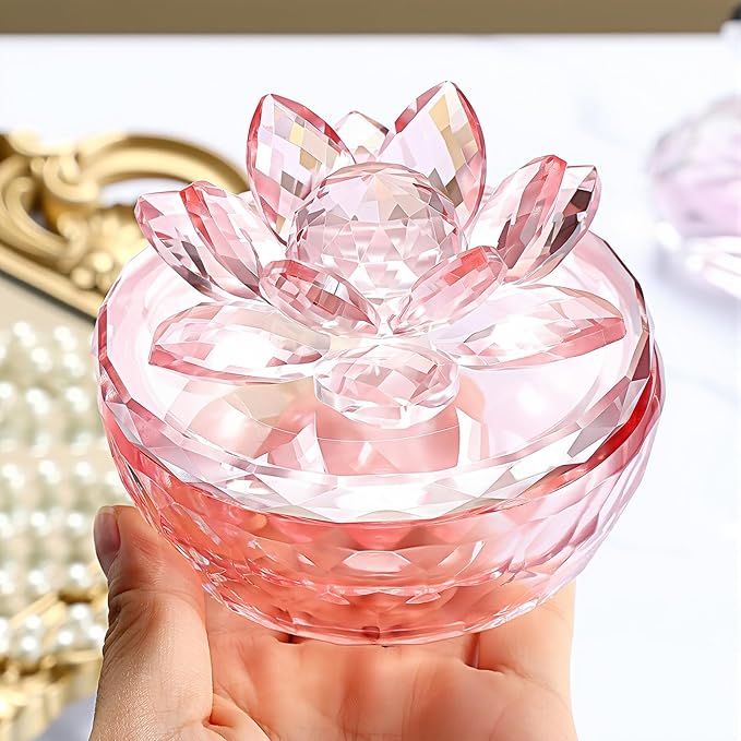 Crystal Jewelry Box, Small Glass Trinket Jar with Lid, Clear Lotus Flower Storage Holder for Women, Elegant Organizer Dish for Ring, Earrings, Necklace, Gift (Full pink)