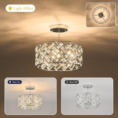 Chrome Crystal Chandelier 4-Light, 12" Modern Round Drum Ceiling Light, Semi Flush Mount Crystal Pendant Fixture for Kitchen Island, Dining Room, Bedroom, Entryway, Hallway