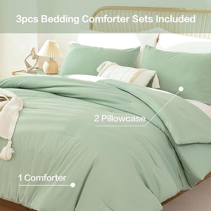 ROSGONIA King Size Sage Green Comforter Set - 3 Piece Bedding Set with Boho Style, Lightweight Down Alternative Comforter, Cozy Blanket Bedspreads Quilt for All Seasons