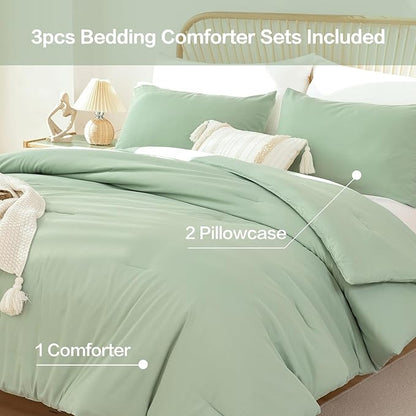 ROSGONIA Oversized King Comforter Sage Green, 3pcs(1 Boho Comforter & 2 Pillowcases), Lightweight Oversized King Size Comforter Sets Bedding Blanket