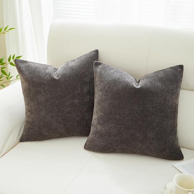 Sunday Praise Set of 2 Soft Chenille Cozy Throw Pillow Covers 20x20 Inch Solid Decorative Cushion Cases Farmhouse Accent Square Pillow Case for Couch Sofa Chair Bed Living Room Home Decor,Dark Grey