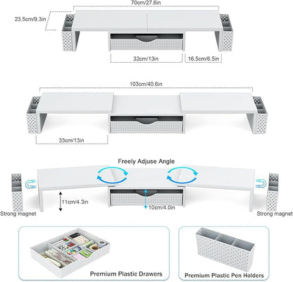 Spacrea Metal Desk Organizers and Accessories, Dual Monitor Stand Riser with Drawer and 2 Pen Holders, Desk Accessories & Workspace Desktop Organizers for Office Supplies (White)
