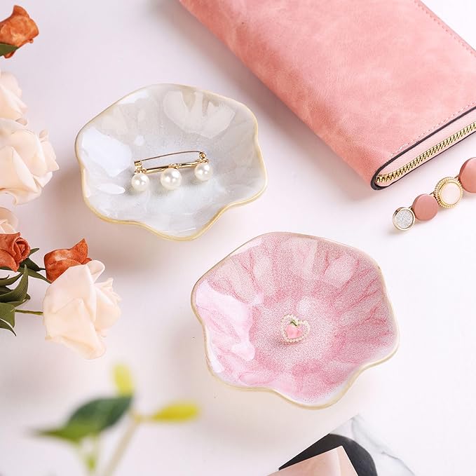 WHJY 2 Pack Ceramic Jewelry Dish 4.3 Inch Ring Holder for Women Decorative Lotus Flower Trinket Tray for Room Decor Green and Blue Vanity Storage for Ring Earring Necklace