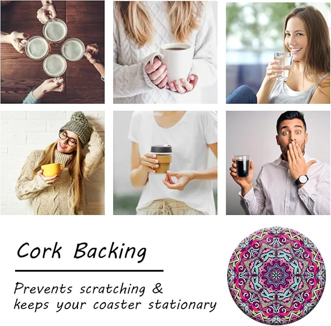 Coasters Set of 6 Mandala Pattern Ceramic Drink Coaster with Cork Base Modern Style Coasters for Mugs and Cups Office Kitchen 4 in