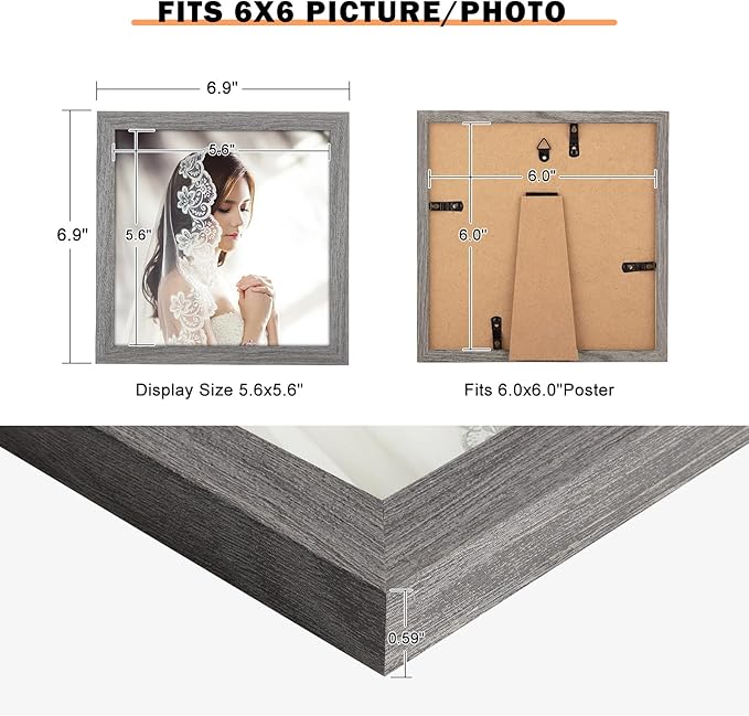 6x6 Picture Frame Gray, Rustic Natural Grey 6x6in Photo/Portrait/Poster/Art Frame, Wall Hanging/Tabletop, Horizontal/Vertical Display Gallery Family Wedding Memorial Pic Frame Gift