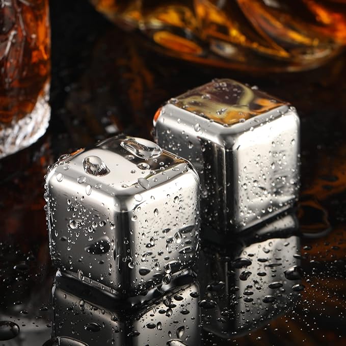 2 Large Whiskey Stones 64 cm³ (4 cu in) - Man Gift Set - Reusable Stainless Steel Metal Ice Sphere Cubes Beverage Chilling Rocks Whiskey Stones for Red Wine, Bar Beer, Scotch, Vodka Drinks - Silver