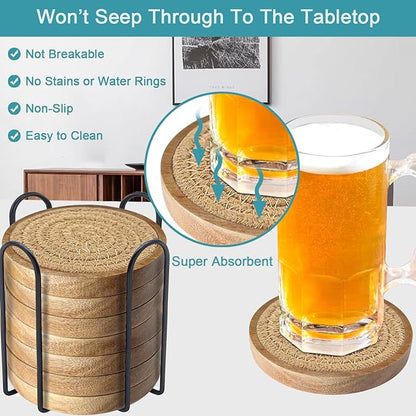 Wood Coasters for Drinks, Absorbent Coaster Sets of 8, Woven Drink Coasters for Coffee Table, Housewarming Gift for Farmhouse Home Decor,4.3 inches Brown