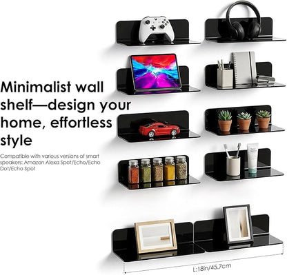 OAPRIRE Acrylic Floating Wall Shelves Set of 2, Damage-Free Expand Wall Space, Small Display Shelf for Smart Speaker/Action Figures with Cable Clips